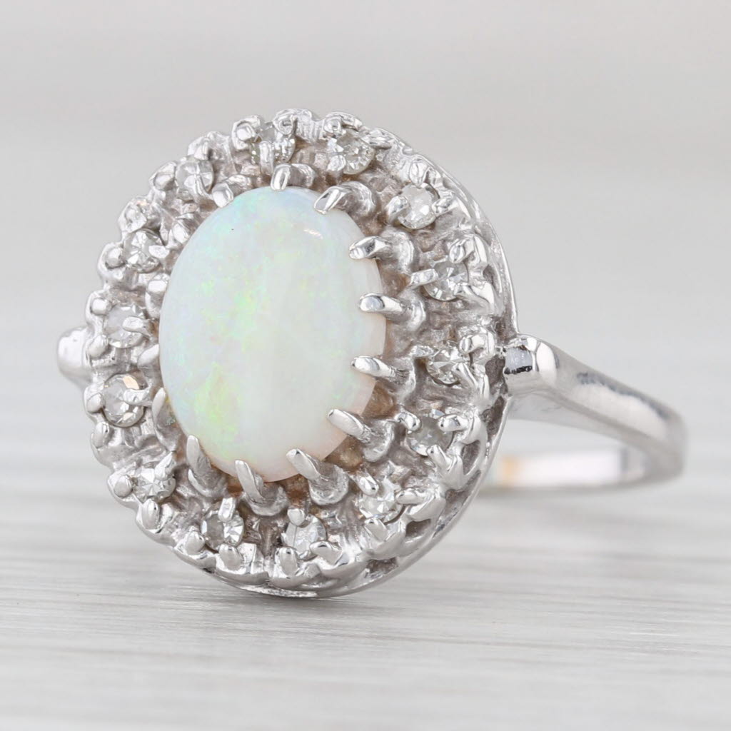 Oval Cabochon Opal Diamond Halo Ring 14k White Gold Size 6
