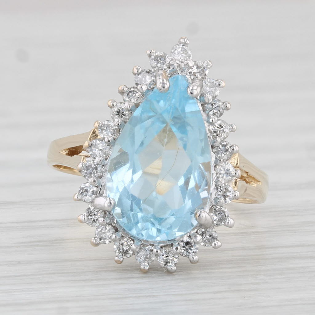 Light Gray 4.26ctw Pear Blue Topaz Diamond Halo Ring 14k Yellow Gold Size 7 Cocktail