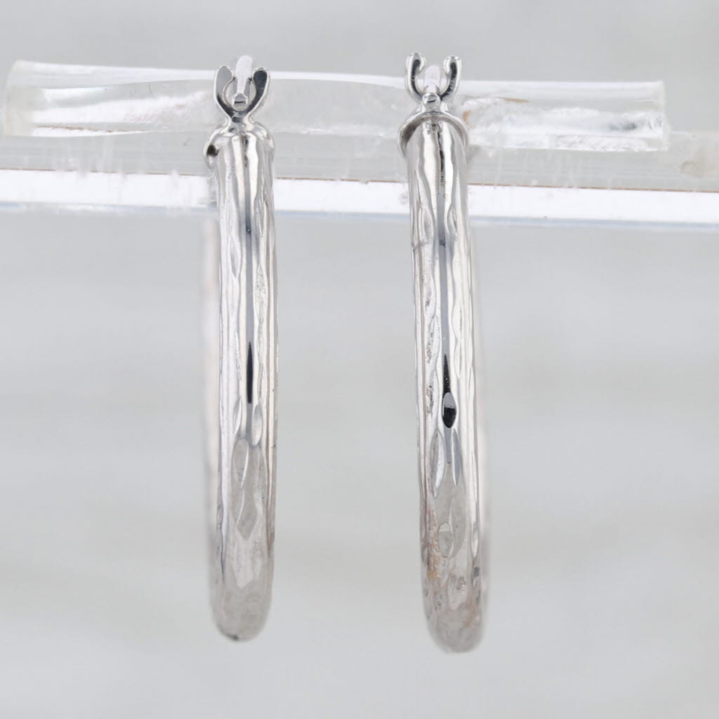 Small Etched Hoop Earrings 10k White Gold Snap Top Round Hoops 22.6 x 2.3 mm