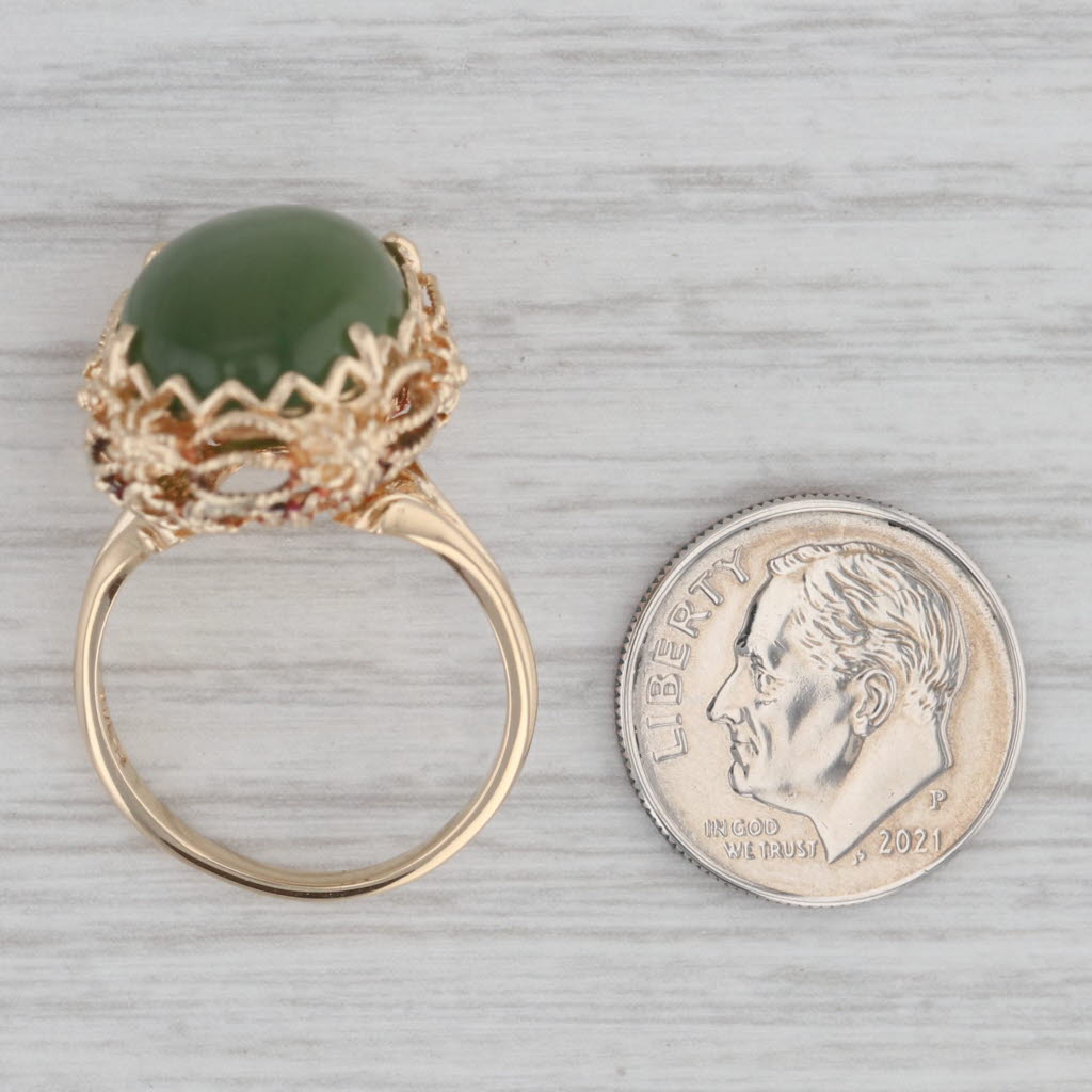 Gray Green Nephrite Jade Ring 14k Yellow Gold Oval Cabochon Size 7.5 Ornate Filigree