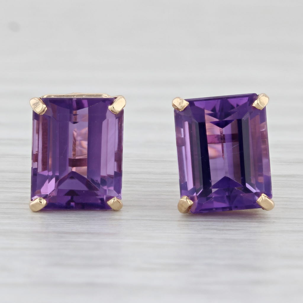 Light Gray 6.10ctw Emerald Cut Amethyst Solitaire Stud Earrings 14k Yellow Gold