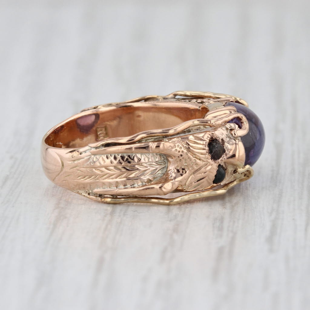 Vintage Dragon Ring 14k Gold Puprple Lab Created Sapphire Black Stone Size 8
