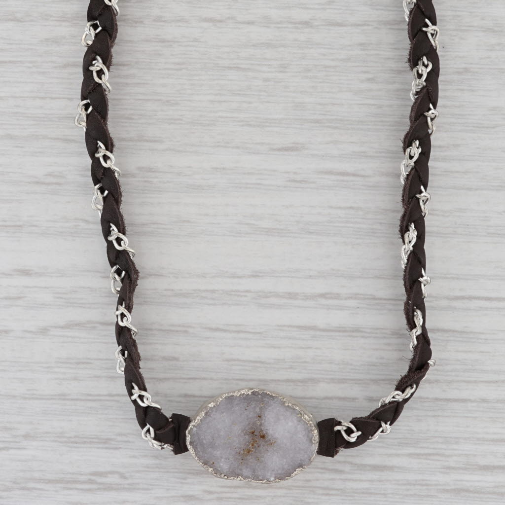 New Nina Wynn Cordelia Necklace Druzy Quartz Woven Dark Brown Leather Tags