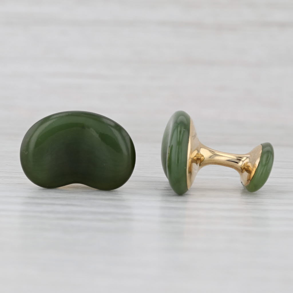 Tiffany Elsa Peretti Nephrite Jade Carved Bean Cufflinks w/ Pouch 18k Gold