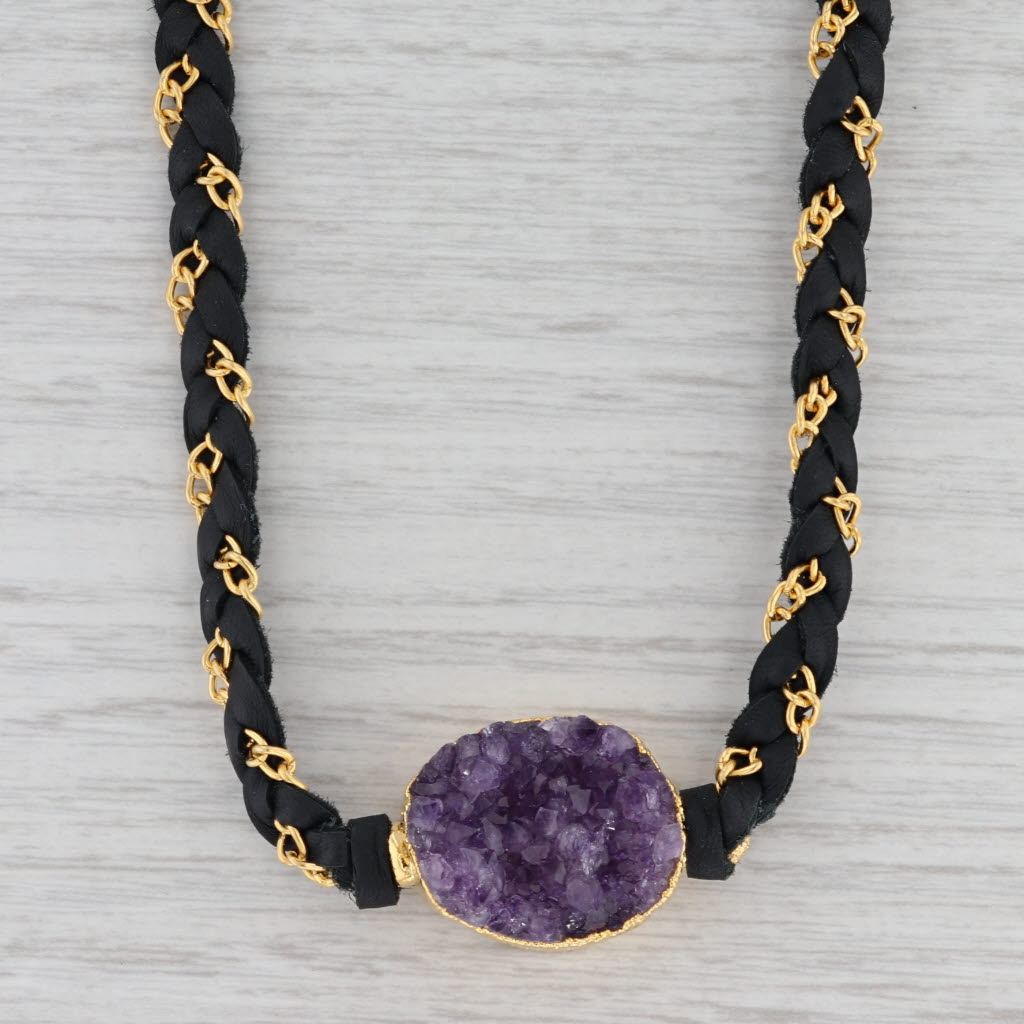 New Nina Wynn Cordelia Necklace Amethyst Druzy Pendant Black Leather NWT