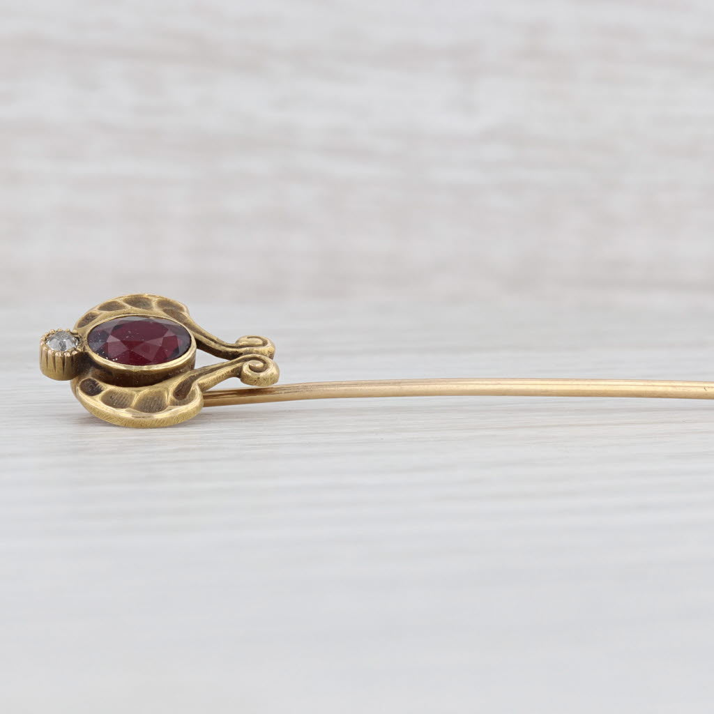 Light Gray Art Nouveau 1.29ctw Garnet Diamond Stickpin 14k Yellow Gold Vintage Pin