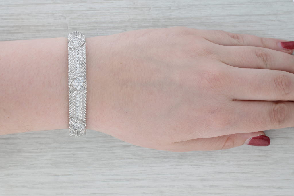Gray Judith Ripka Pave Cubic Zirconia Hearts Cuff Bracelet Sterling Silver 7" 11.6mm