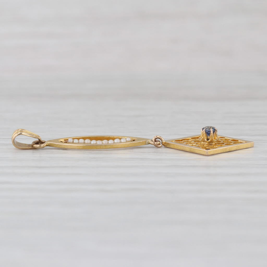 Vintage Lavalier Lab Created Sapphire Seed Pearls Pendant 10k Yellow Gold