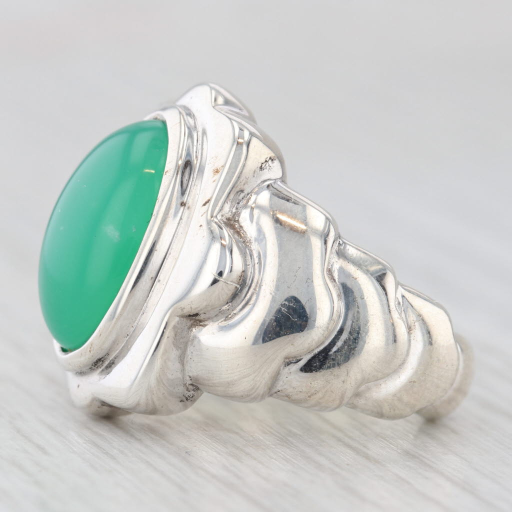 Light Gray Green Chrysoprase Oval Cabochon Solitaire Ring Sterling Silver Size 5