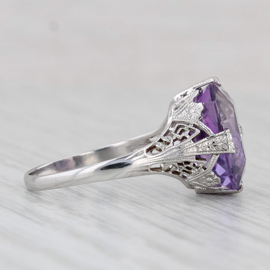 Light Gray Vintage 5.72ctw Amethyst Diamond Ring 18k White Gold Filigree Size 6.75