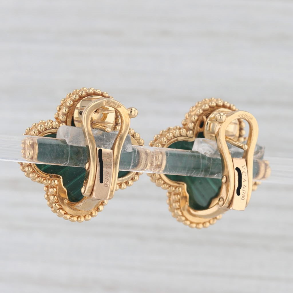 Light Gray Van Cleef Arpels VCA Alhambra Malachite Magic Clover Earrings 18k Gold Box Cert