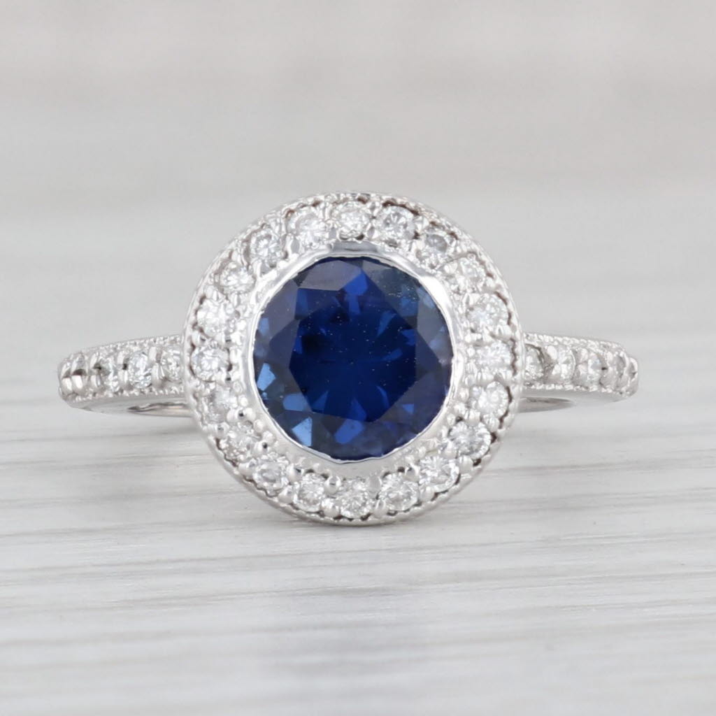 Light Gray 2.10ctw Lab created Blue Sapphire Diamond Halo Ring 14k Gold Size 5 Engagement