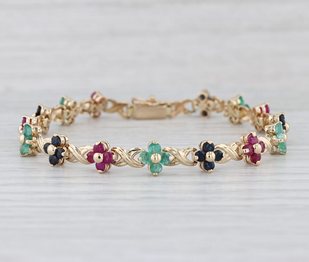 4.84ctw Ruby Sapphire Emerald Flower Tennis Bracelet 14k Yellow Gold 7"