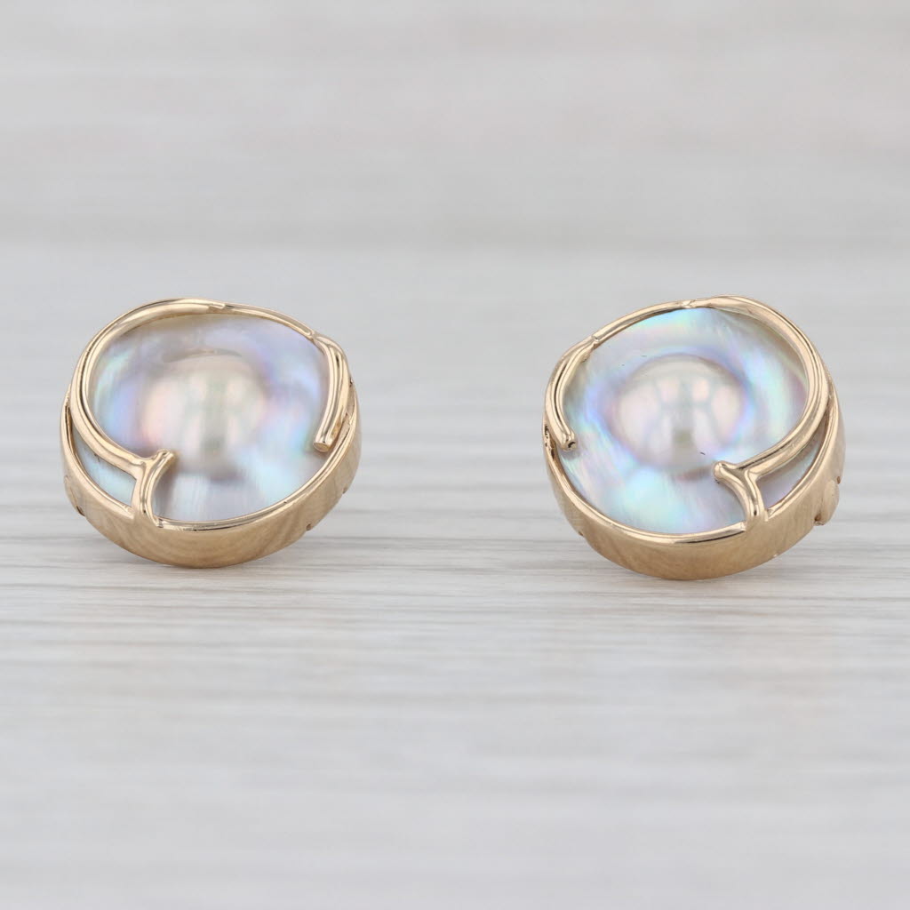 Blister Pearl Stud Earrings 14k Yellow Gold Button Studs