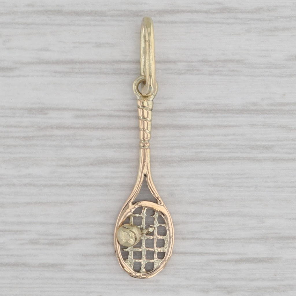 Gray Vintage Tennis Racquet & Ball Charm 14k Yellow Gold Pendant Moving Parts