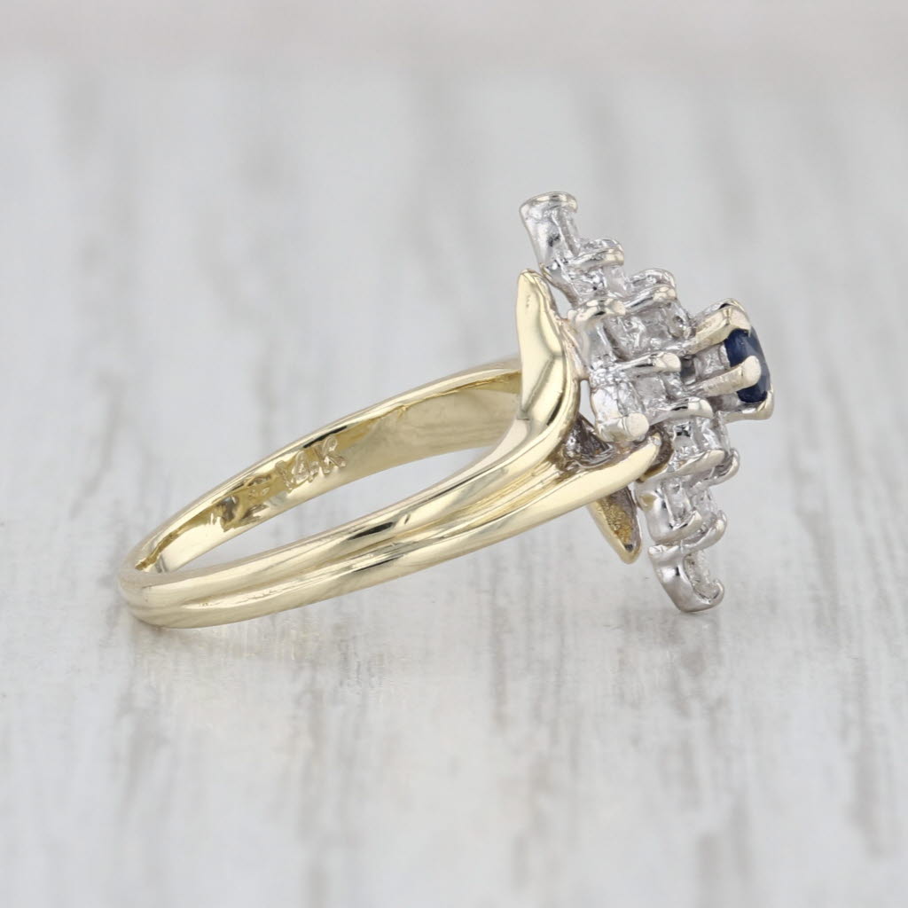 Blue Sapphire Diamond Cluster Bypass Ring 14k Yellow Gold Size 4