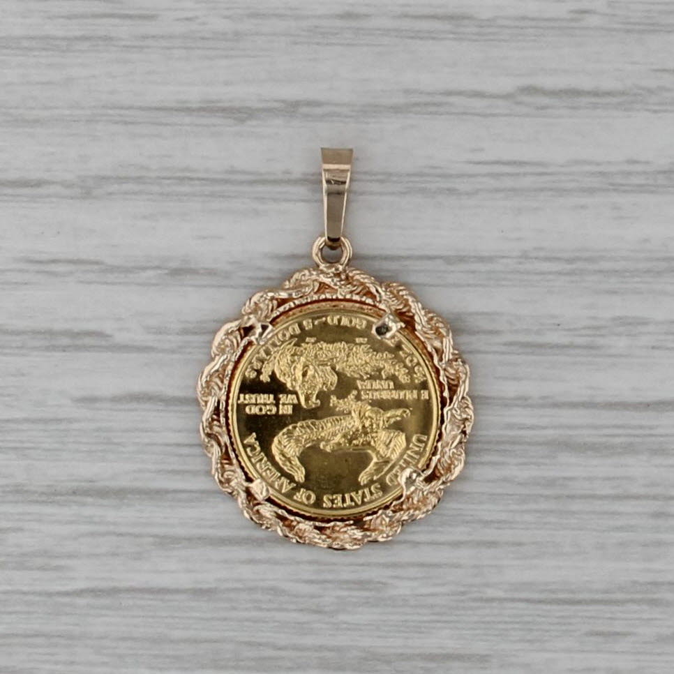 1991 American Gold Eagle Coin Pendant 14k 22k Yellow Gold 5 Dollar 1/10oz