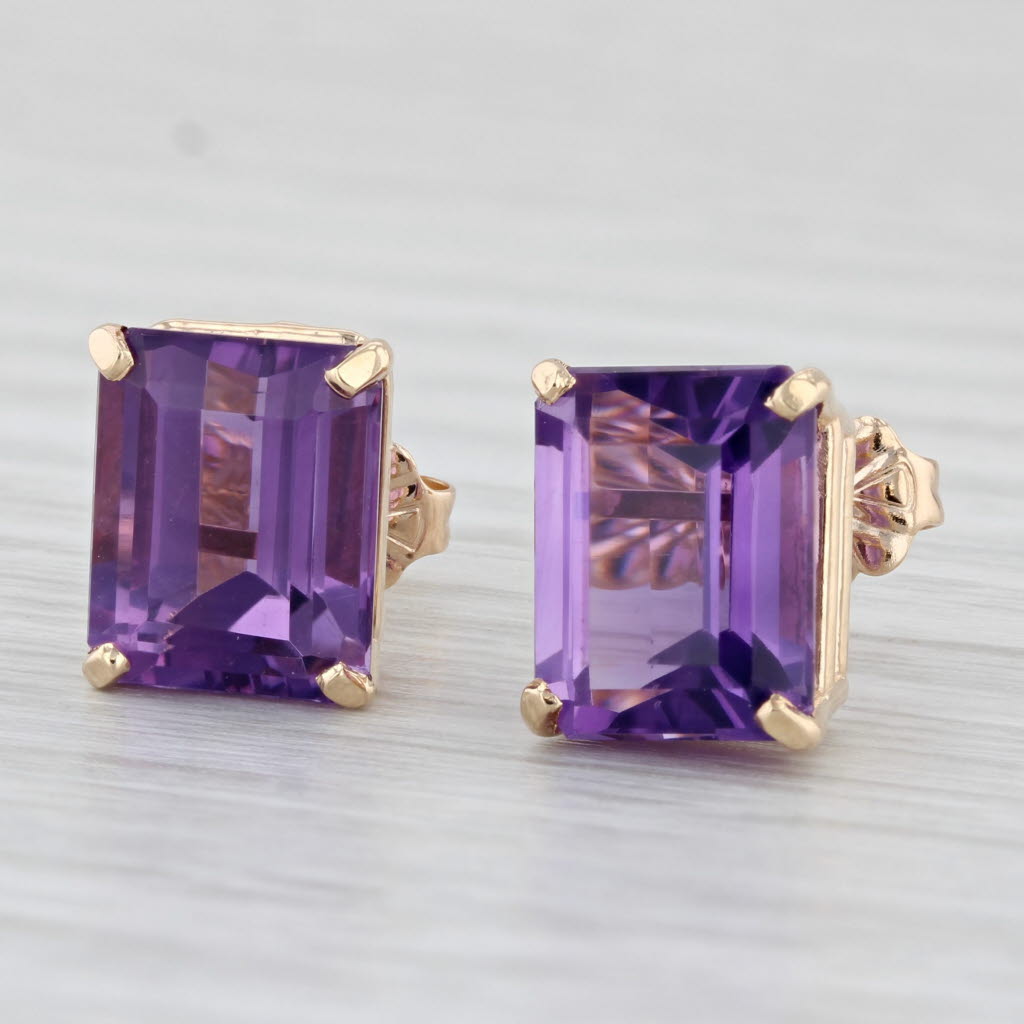 Light Gray 6.10ctw Emerald Cut Amethyst Solitaire Stud Earrings 14k Yellow Gold