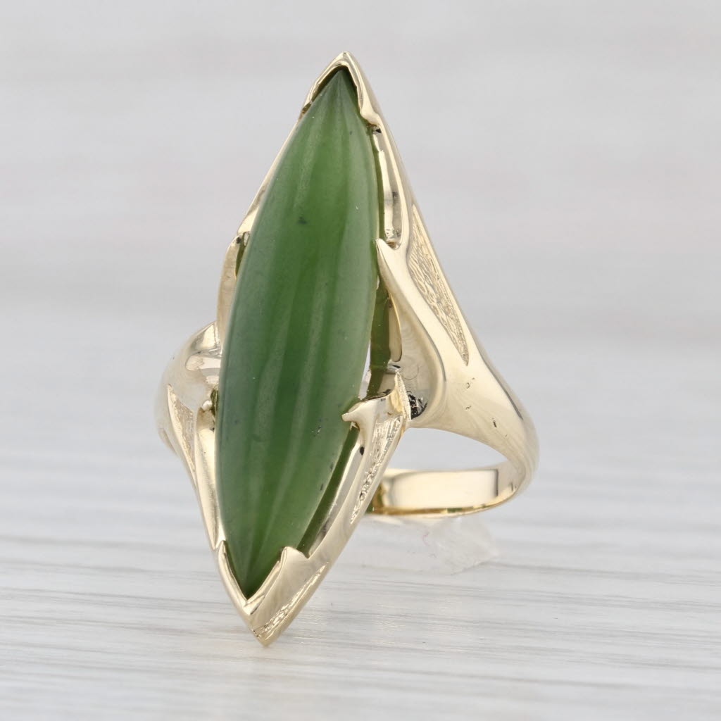 Vintage Green Nephrite Jade Navette Cabochon Ring 14k Yellow Gold Size 6.75