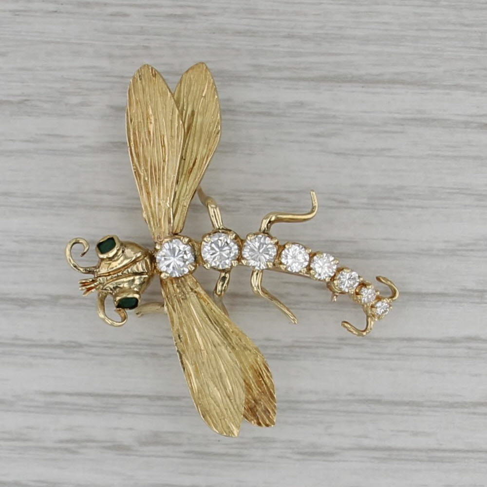 1.48ctw Diamond Green Chalcedony Dragonfly Brooch 18k Gold Statement Pin