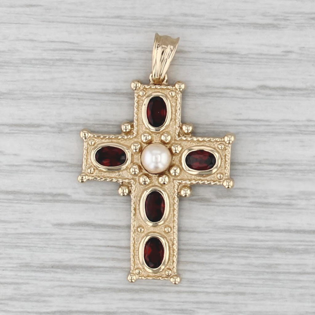 2ctw Garnet Cultured Pearl Cross Pendant 14k Yellow Gold Ornate