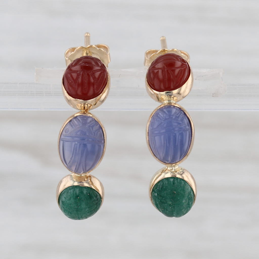 Scarab Carved Chalcedony Aventurine Oval Cabochon Half Hoop Earrings 14k Gold