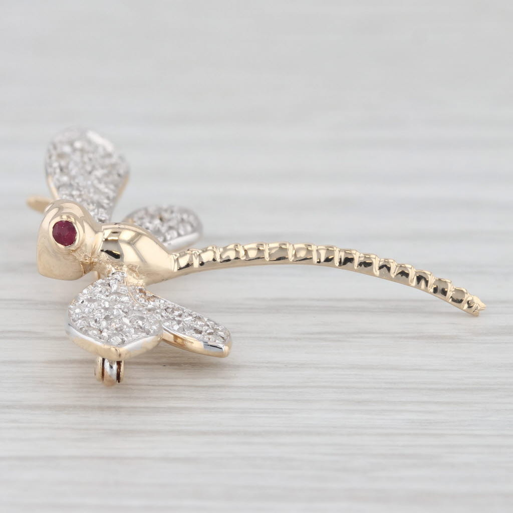 Light Gray 0.23ctw Diamond Ruby Dragonfly Brooch 14k Yellow White Gold Insect Pin