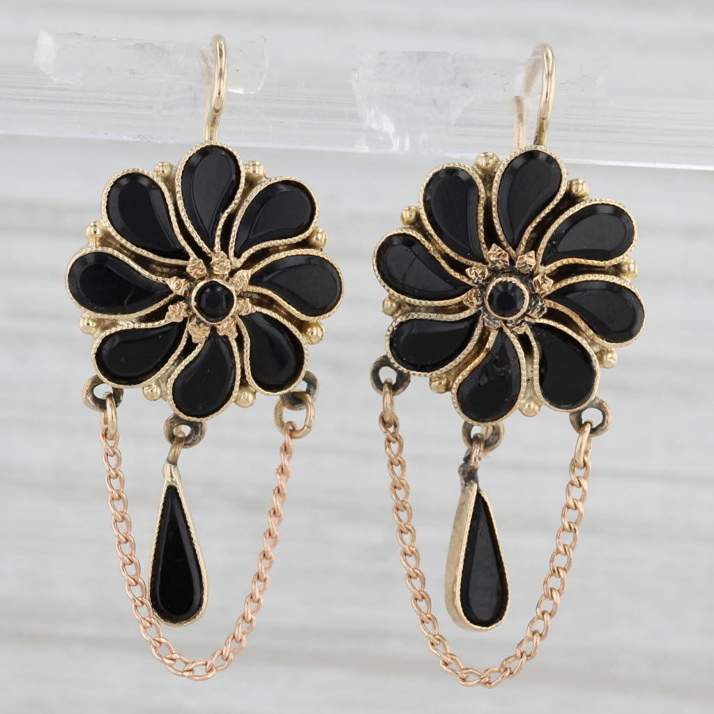 Light Gray Antique Black Glass Flower Drop Earrings 12k Yellow Gold Hook Posts