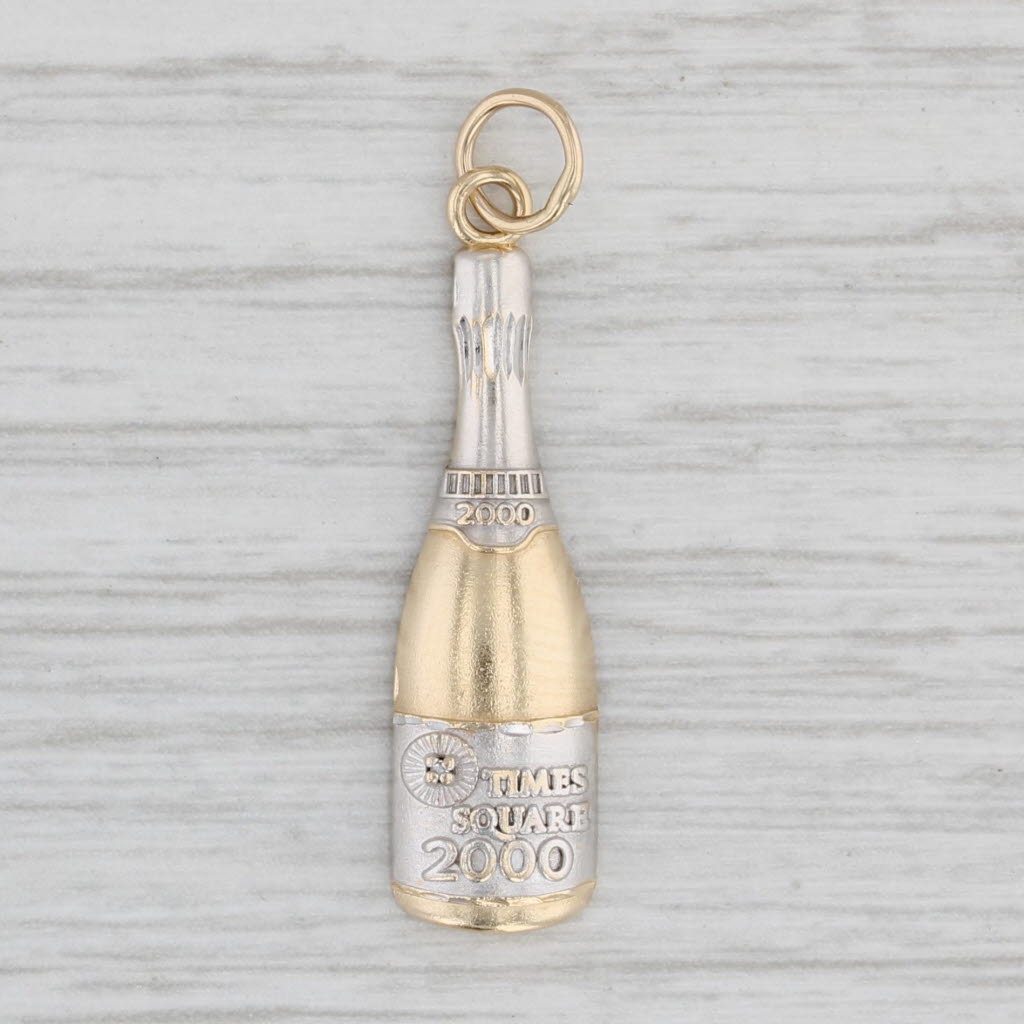 Light Gray Times Square 2000 Champagne Bottle Charm 14k Gold Pendant Diamond Accent