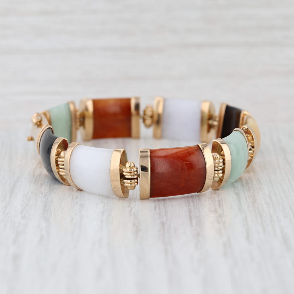 Multicolor Nephrite Jadeite Jade Link Bracelet 14k Yellow Gold 7.75" 11.3mm