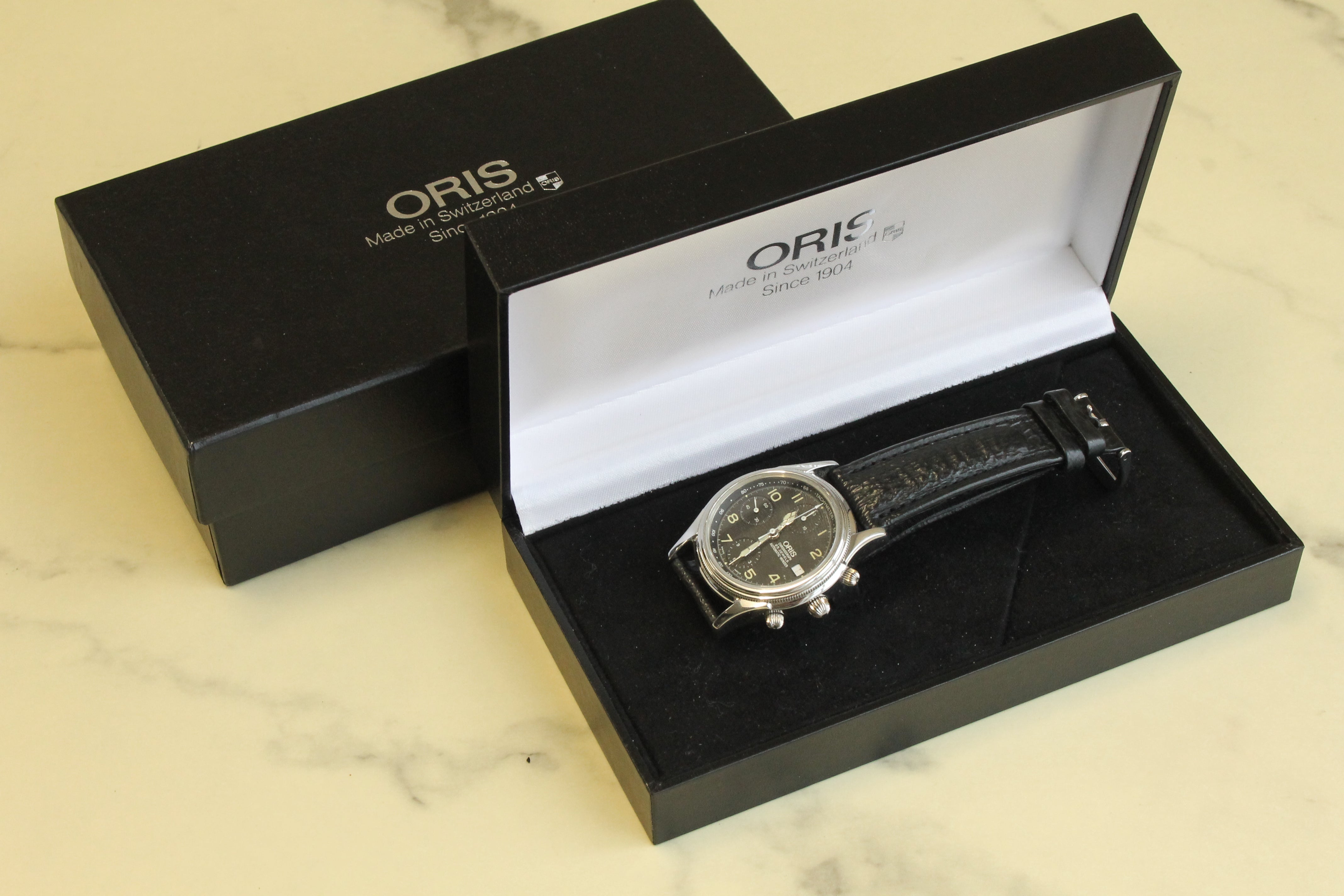 Black Oris 7415B Pilot 38mm Steel Automatic Chronograph Watch w Original Band & Box