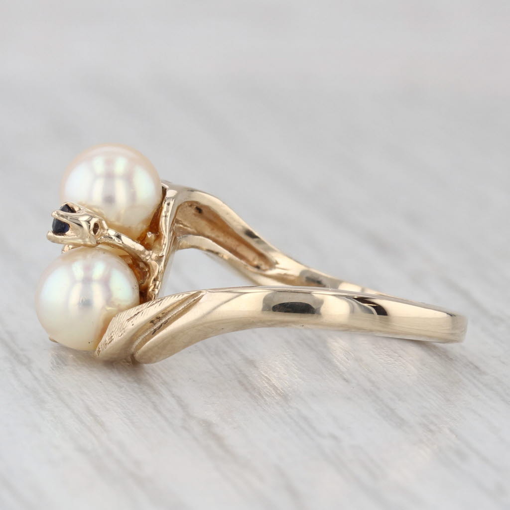 Light Gray Cultured Pearl Blue Sapphire Bypass Ring 14k Yellow Gold Size 6.25