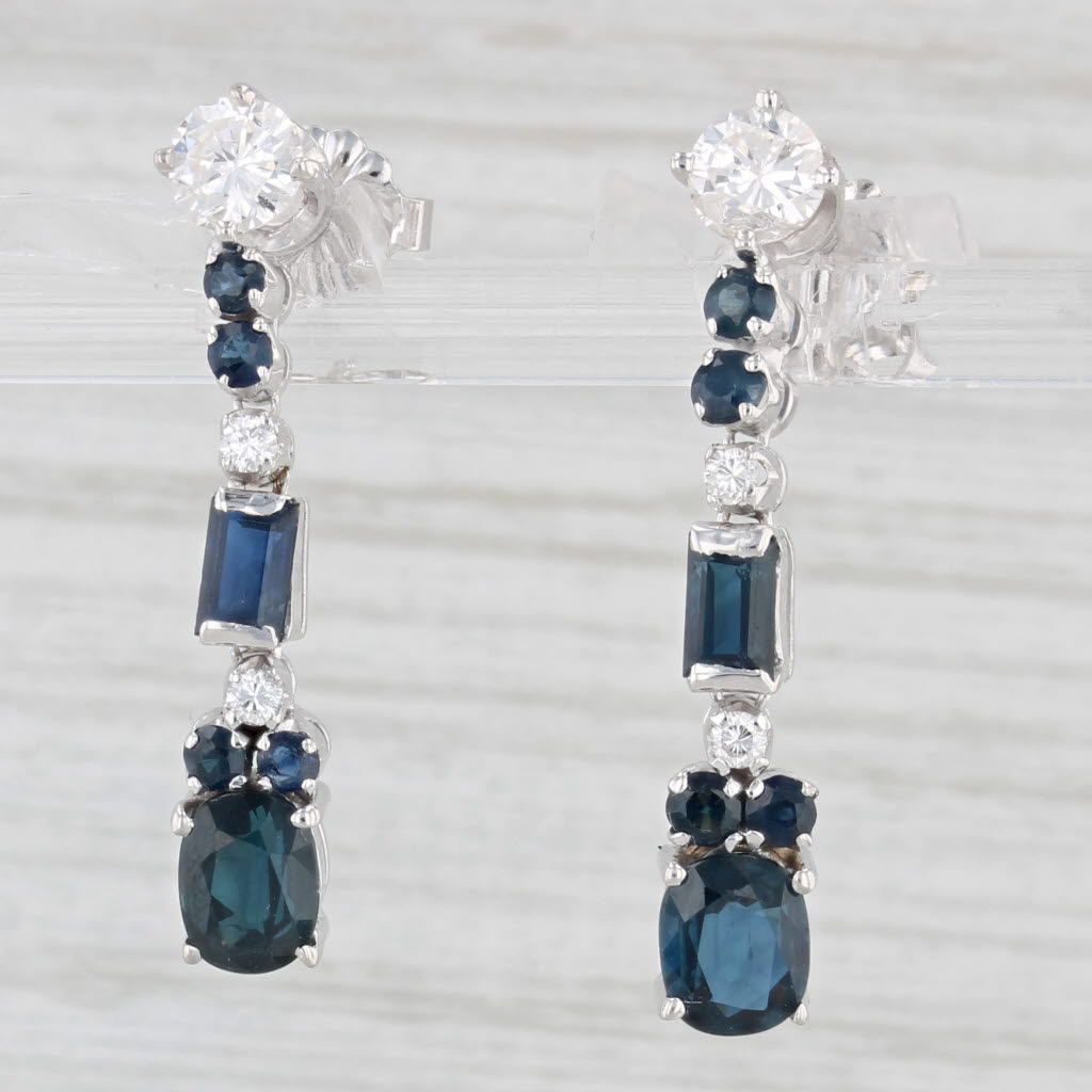 Light Gray 2.64ctw Diamond Sapphire Journey Dangle Earrings 14k White Gold Pierced Drops