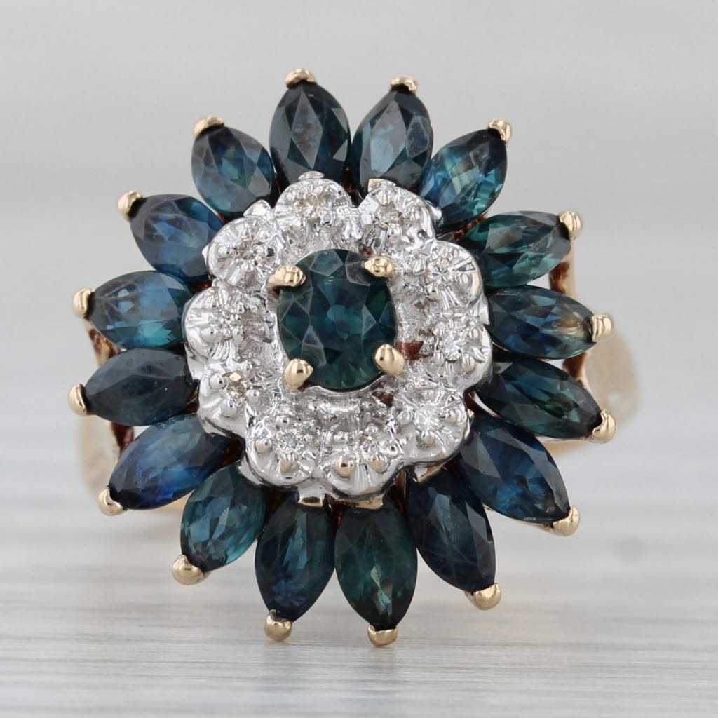 Gray 3.34ctw Blue Sapphire Diamond Flower Ring 10k Yellow Gold Size 6.25 Cocktail
