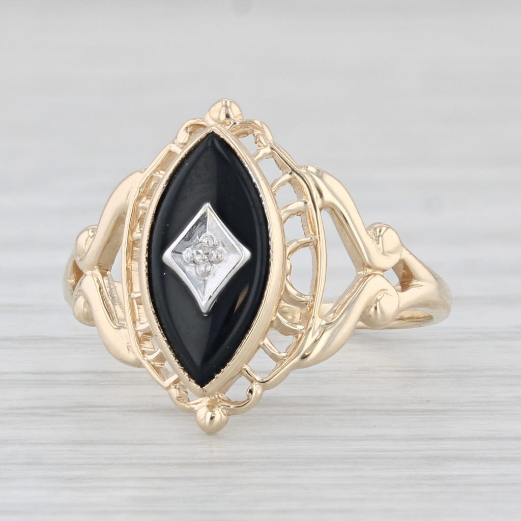 Light Gray Vintage Marquise Onyx Diamond Signet Ring 10k Yellow Gold Size 6