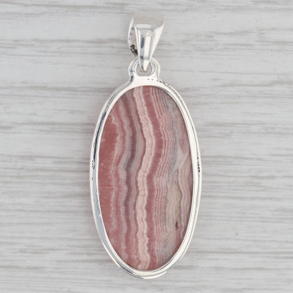 Gray Marbled Red Rhodochrosite Oval Cabochon Pendant Sterling Silver Statement