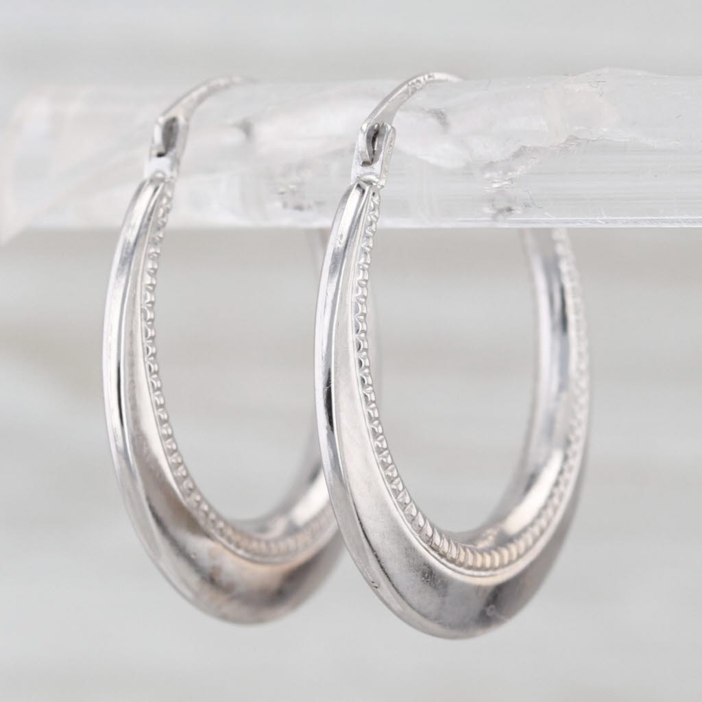 Round Bead Accented Hoop Earrings 10k White Gold Snap Top Hoops