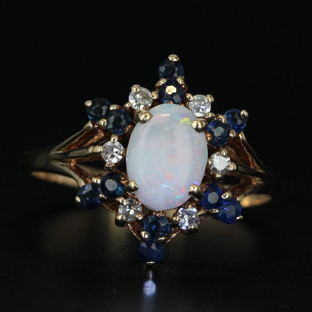 Black Opal Blue Sapphire Diamond Ring 10k Yellow Gold Size 7