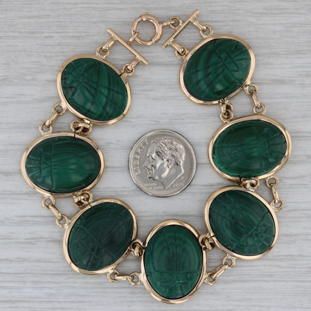 Dark Gray Scarab Carved Green Malachite Bracelet 14k Yellow Gold 7" 22mm