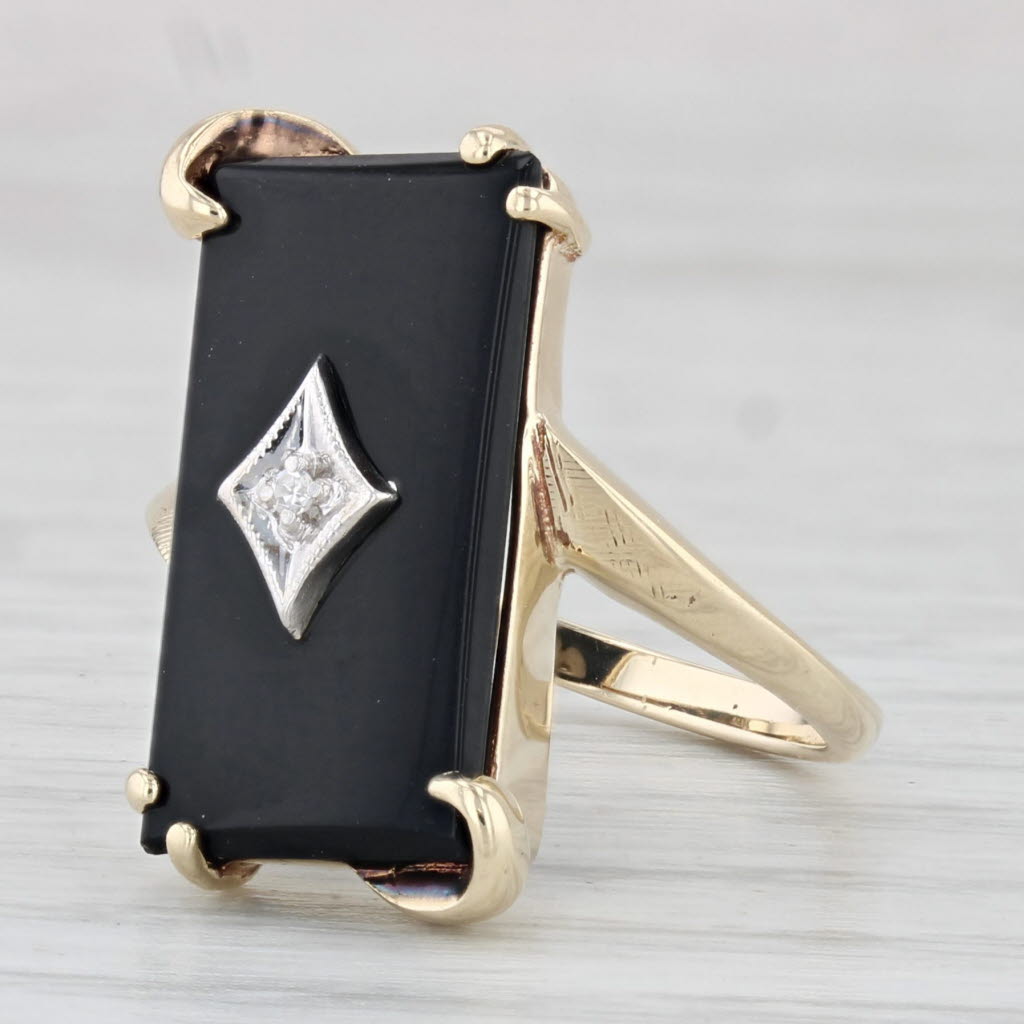 Light Gray Vintage Onyx Diamond Signet Ring 10k Yellow Gold Size 6