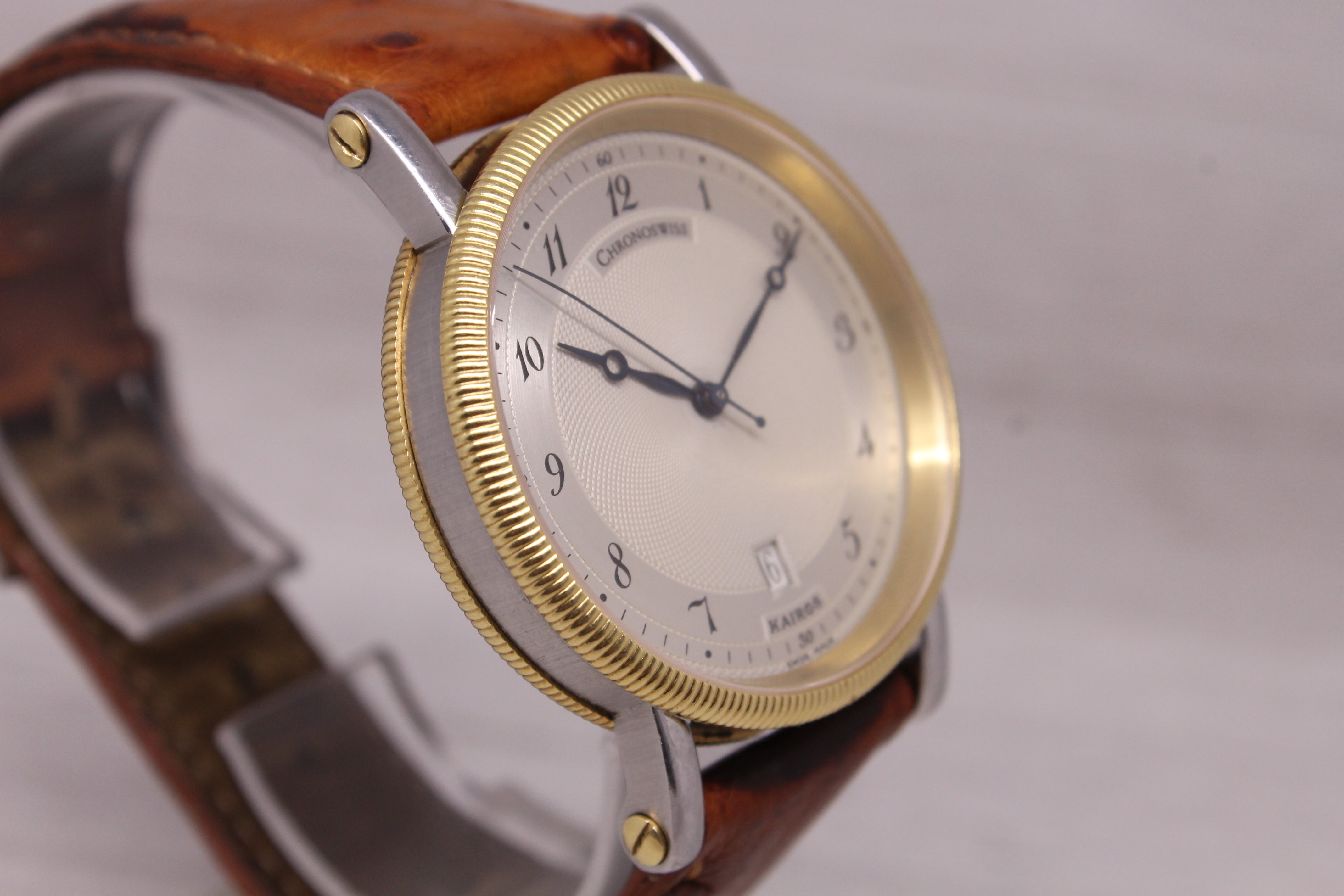 Chronoswiss Kairos Mens 38mm Automatic Watch CH2822 Silver Dial Gold Swiss Date