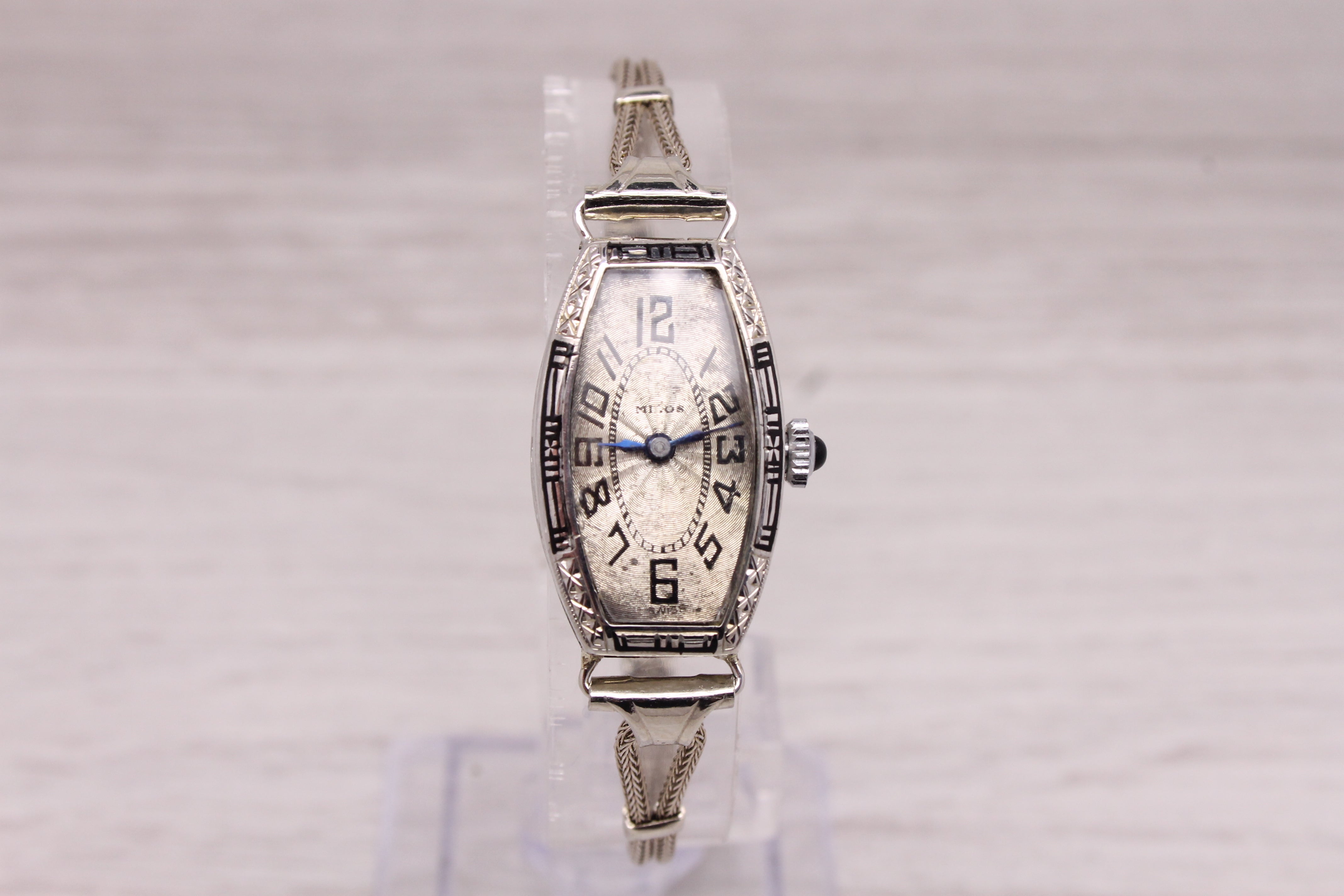 Gray Antique Milos Ladies 18k White Gold & Enamel Art Deco Wrist Watch Serviced