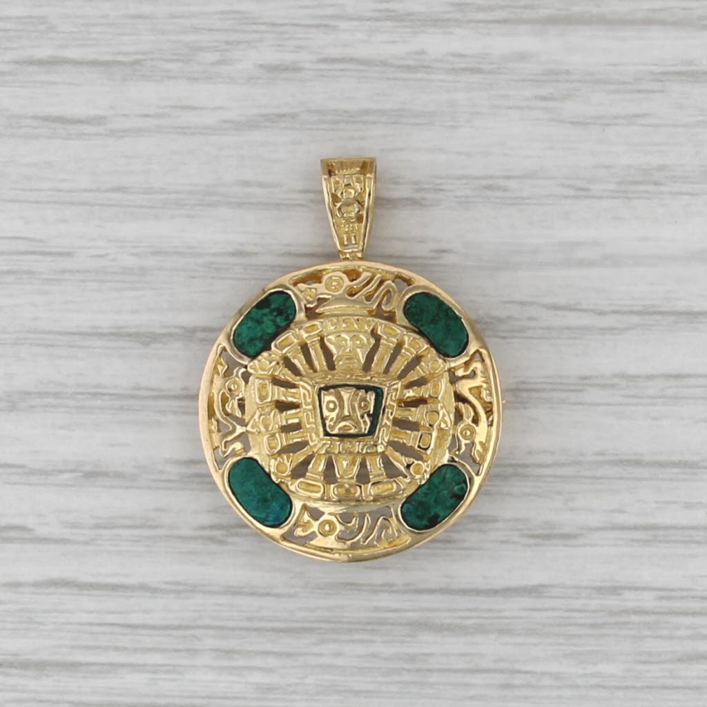 Green Malachite Aztec Sun Pendant Brooch 18k Yellow Gold Tribal