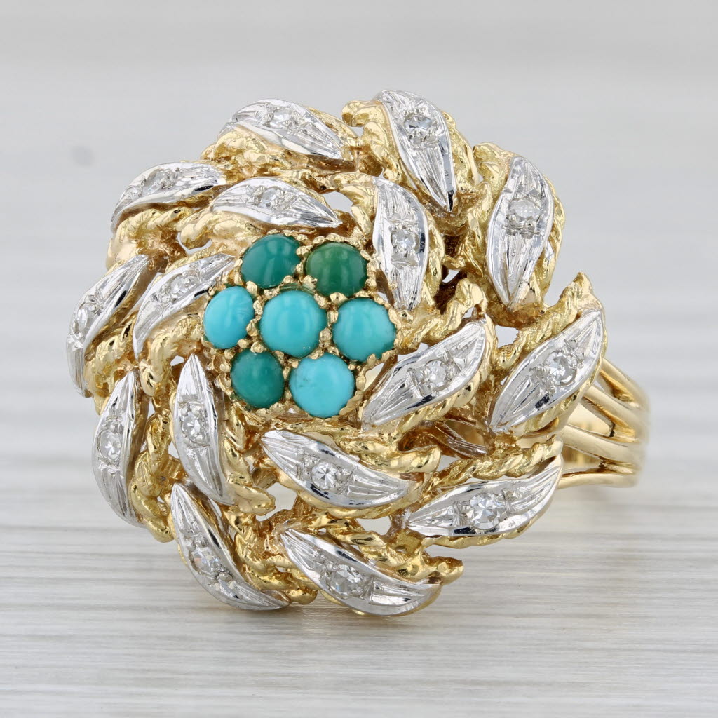 Gray Turquoise Diamond Cluster Cocktail Ring 18k Yellow Gold Size 6.75