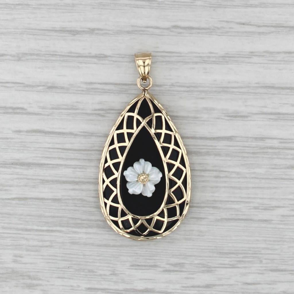 Teardrop Onyx Mother of Pearl Flower Pendant 14k Yellow Gold Statement
