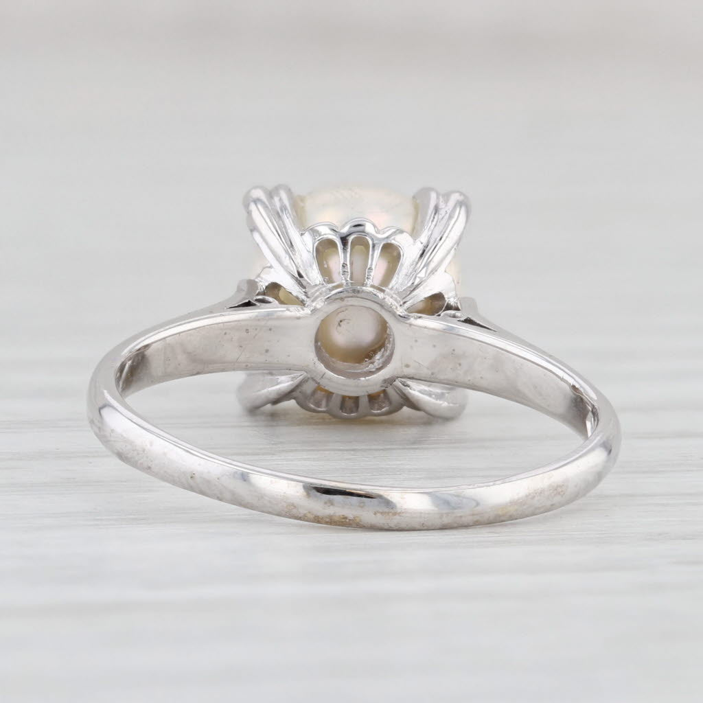 Light Gray Vintage Cultured Pearl Solitaire Ring 14k White Gold Size 7.75