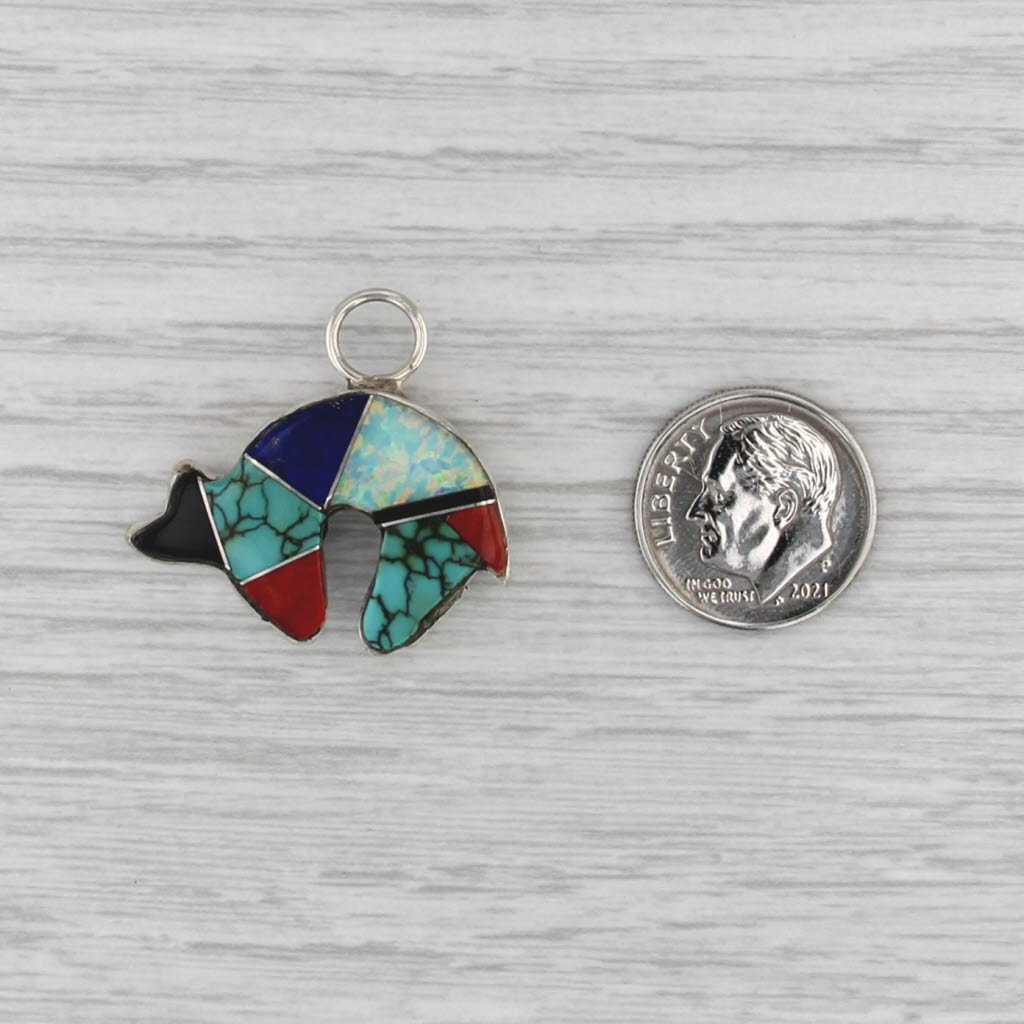 Native American Southwestern Bear Pendant Sterling Silver Stone Mosaic Charm