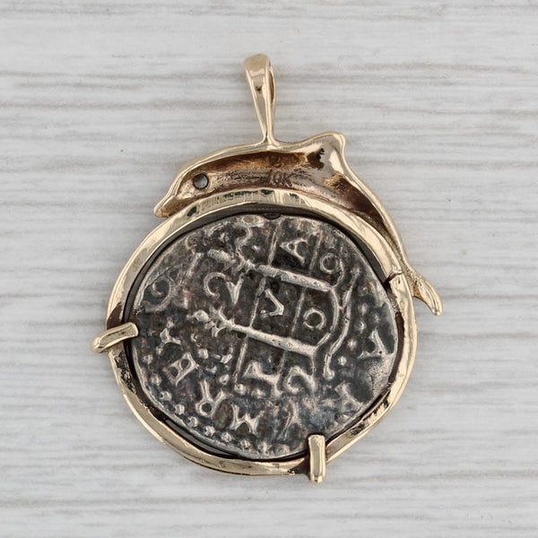 Gray Ancient Coin Copy Dolphin Bezel Pendant 14k Gold Sterling Silver Cubic Zirconia