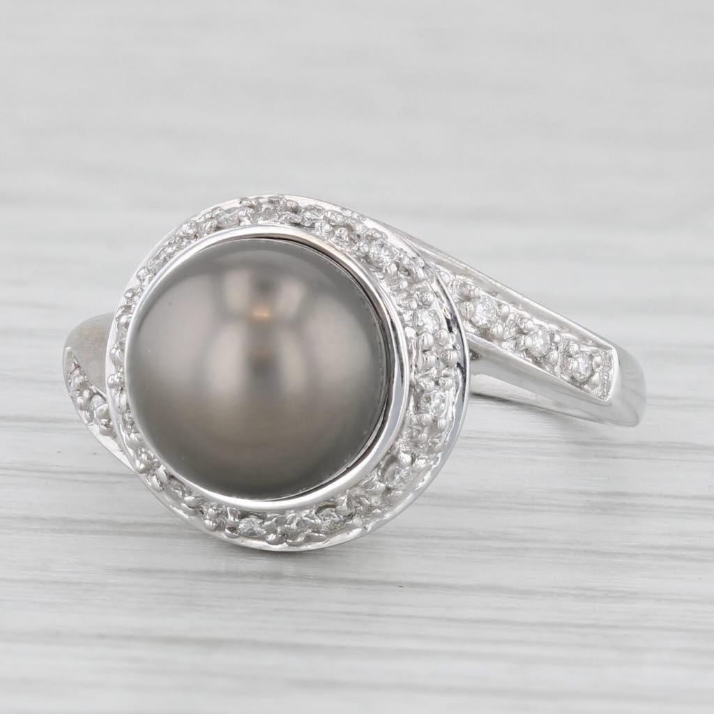 Light Gray Black Cultured Pearl Diamond Halo Ring 14k White Gold Size 7 Bypass