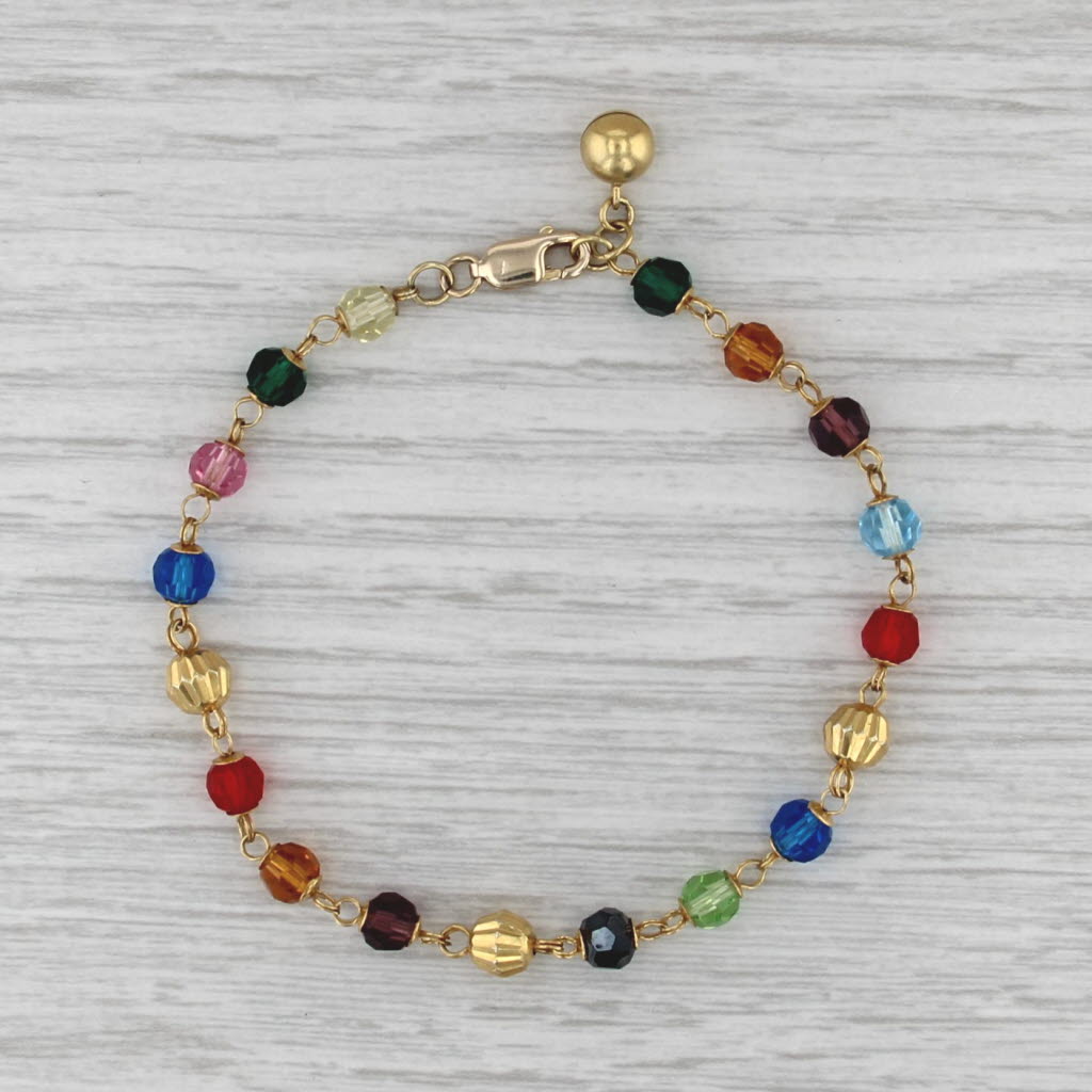 Multicolor Glass Bead Bracelet w/ Bell Charm 14k Yellow Gold 7"